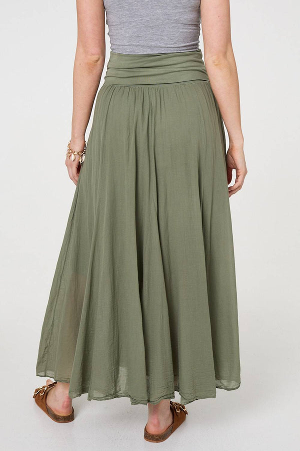 Khaki | Stretchy High Waist A-Line Maxi Skirt