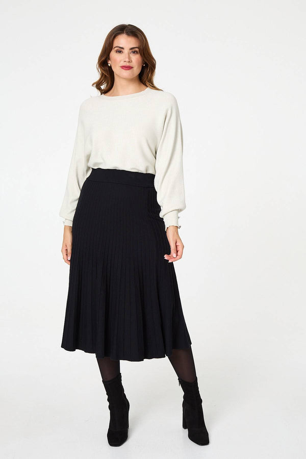 Black | High Waist Pleated Knit Midi Skirt