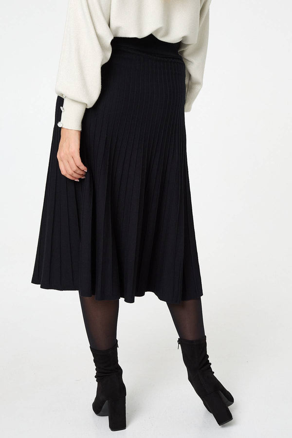 Black | High Waist Pleated Knit Midi Skirt