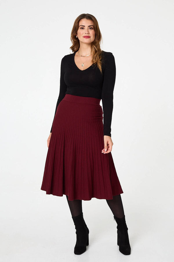 Red | High Waist Pleated Knit Midi Skirt