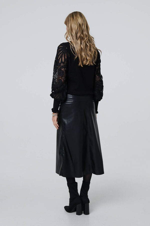 Black | Faux Leather High Waist Midi Skirt