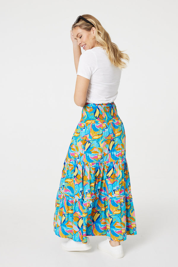Blue | Abstract Shirred High Waist Maxi Skirt