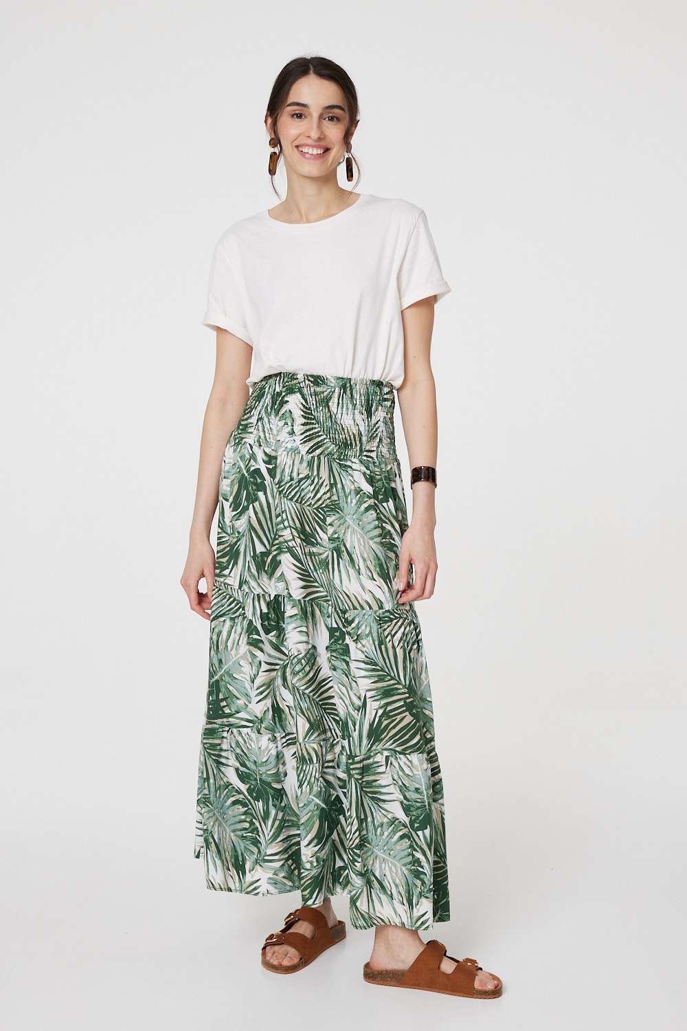 Green | Tropical Leaf Print Maxi Skirt