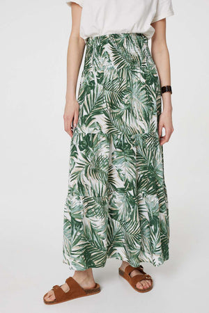 Green | Tropical Leaf Print Maxi Skirt