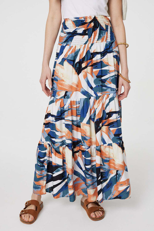 Blue | Printed Tiered High Waist Maxi Skirt