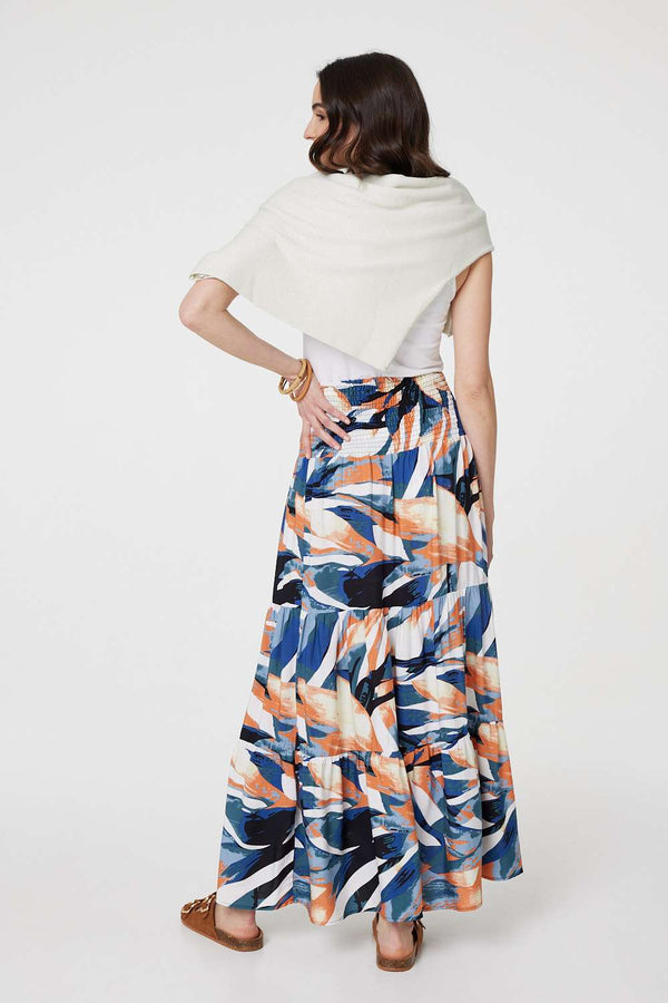 Blue | Printed Tiered High Waist Maxi Skirt