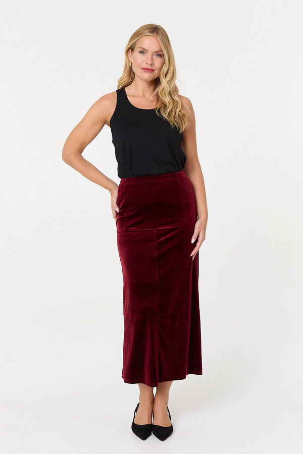 Red | Velour Texture High Waist Midi Skirt