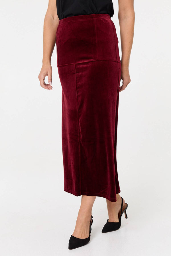 Red | Velour Texture High Waist Midi Skirt