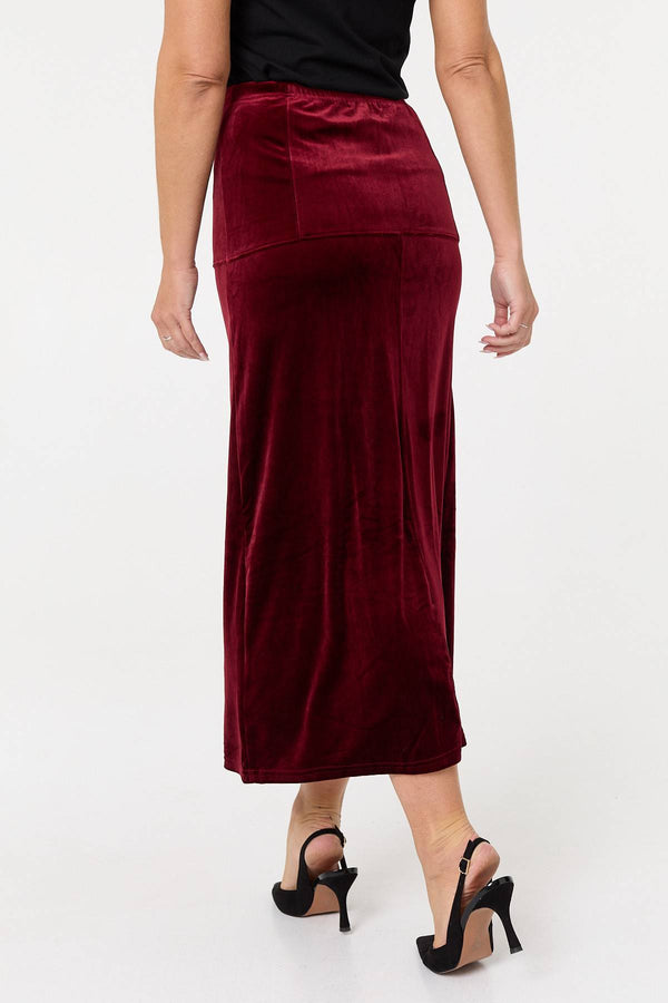 Red | Velour Texture High Waist Midi Skirt