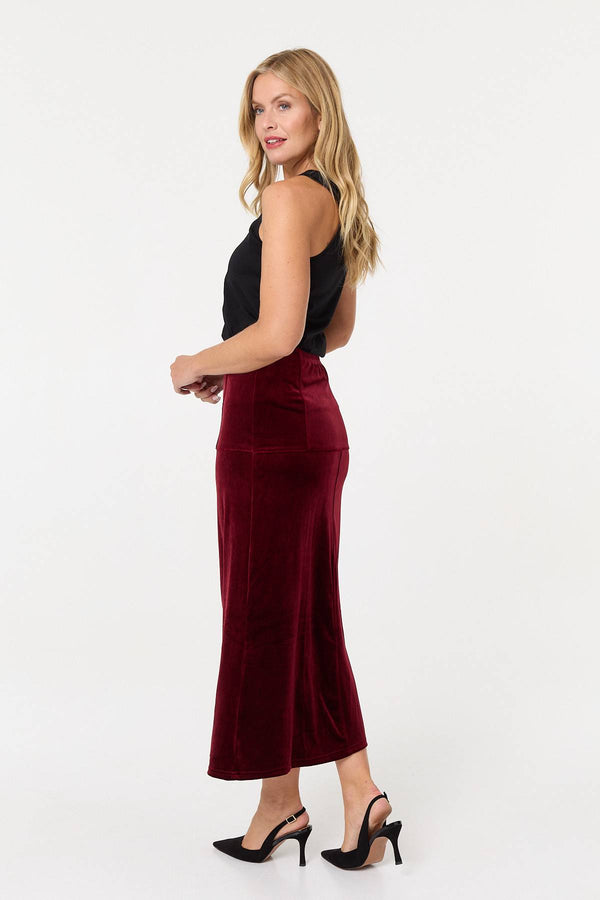 Red | Velour Texture High Waist Midi Skirt