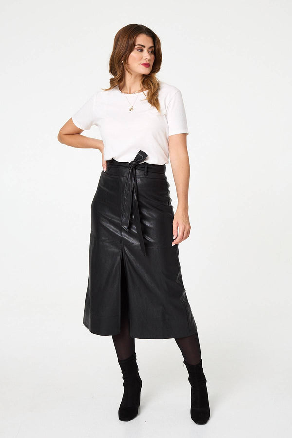 Black | Faux Leather Tie Waist A-Line Midi Skirt