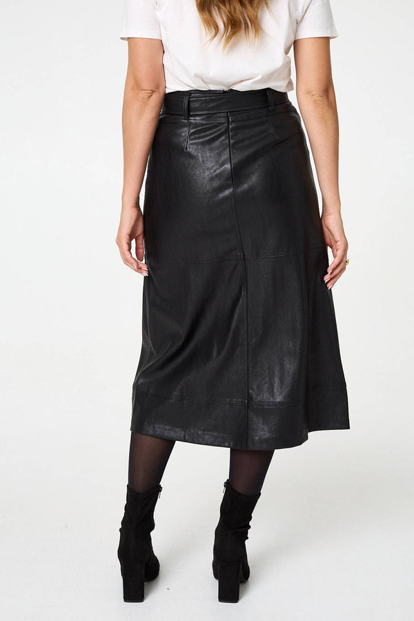 Black | Faux Leather Tie Waist A-Line Midi Skirt