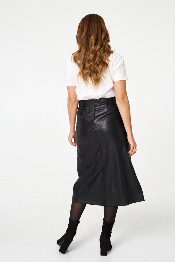 Black | Faux Leather Tie Waist A-Line Midi Skirt