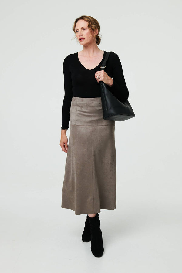 Grey | Faux Suede A-Line High Waist Midi Skirt