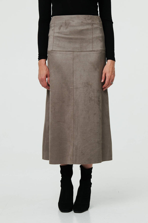 Grey | Faux Suede A-Line High Waist Midi Skirt
