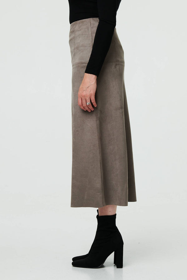 Grey | Faux Suede A-Line High Waist Midi Skirt