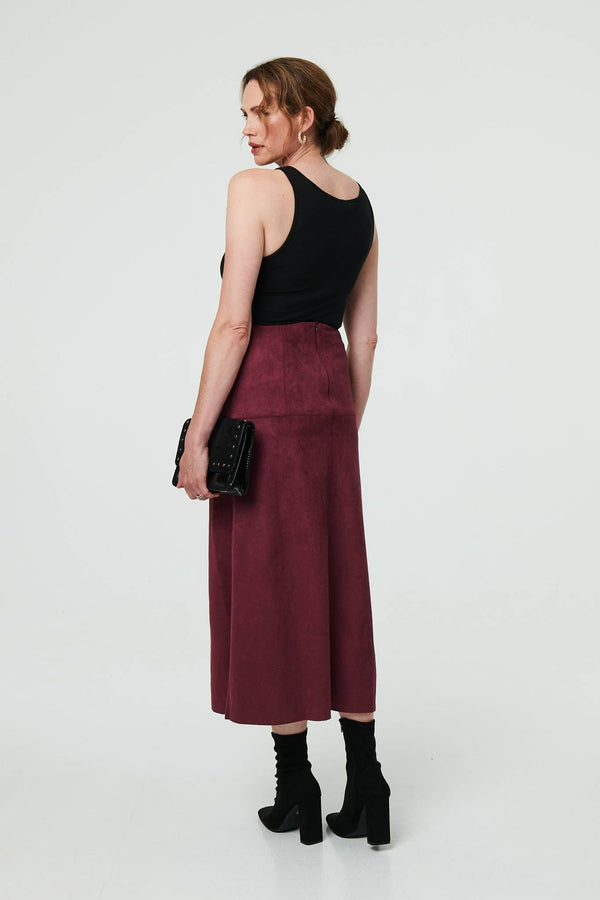 Red | Faux Suede A-Line High Waist Midi Skirt