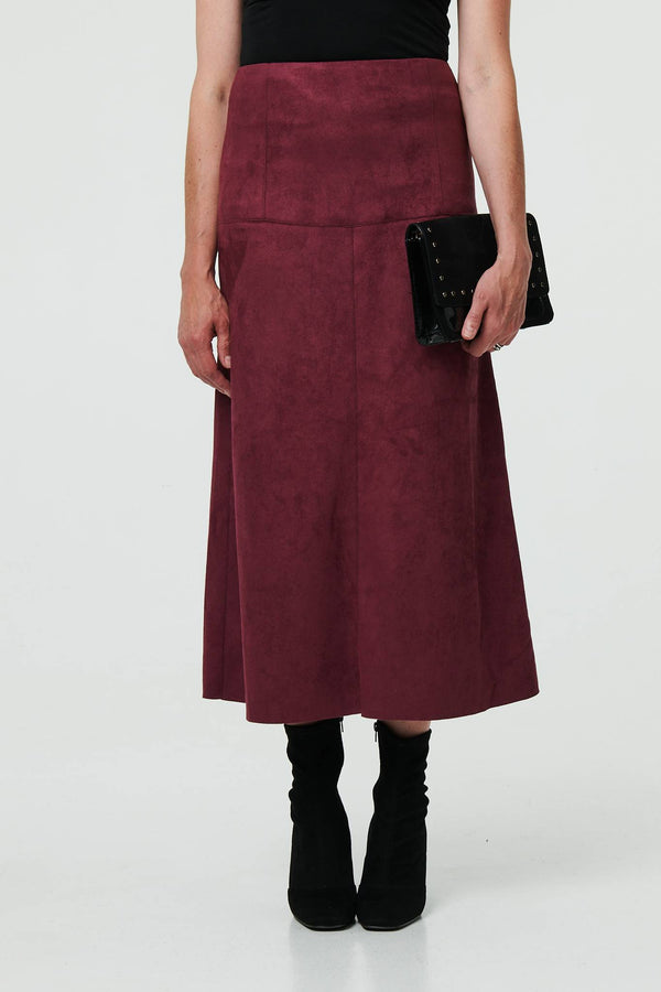 Red | Faux Suede A-Line High Waist Midi Skirt