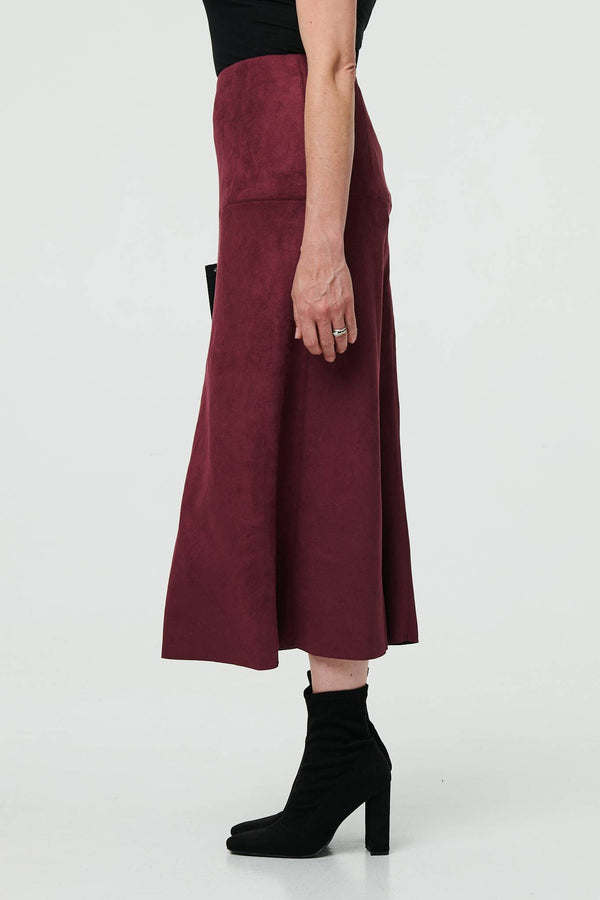 Red | Faux Suede A-Line High Waist Midi Skirt