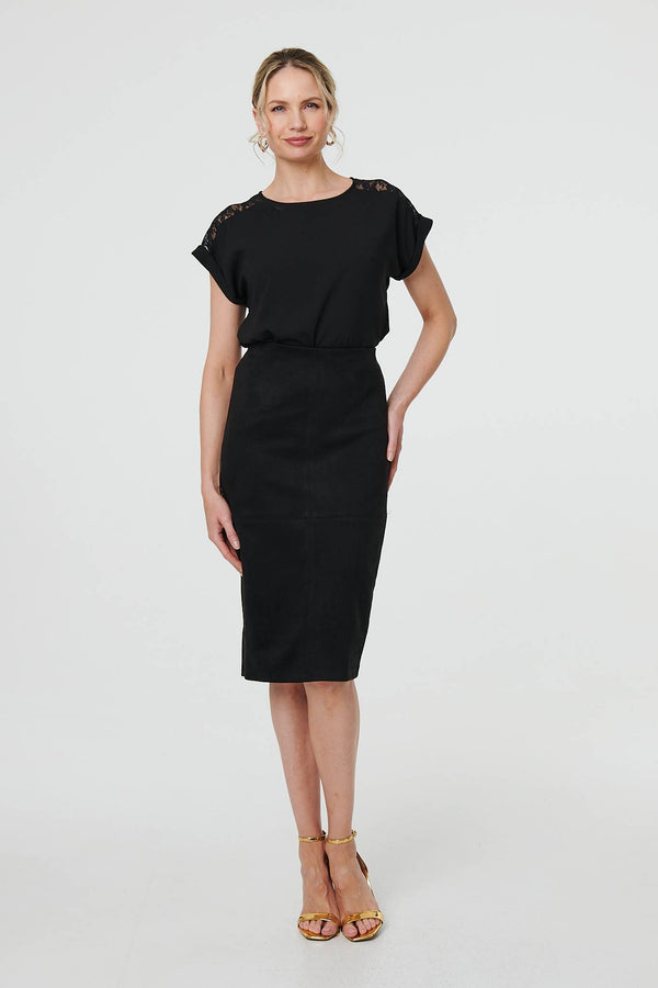 Black | Faux Suede Knee Length Pencil Skirt