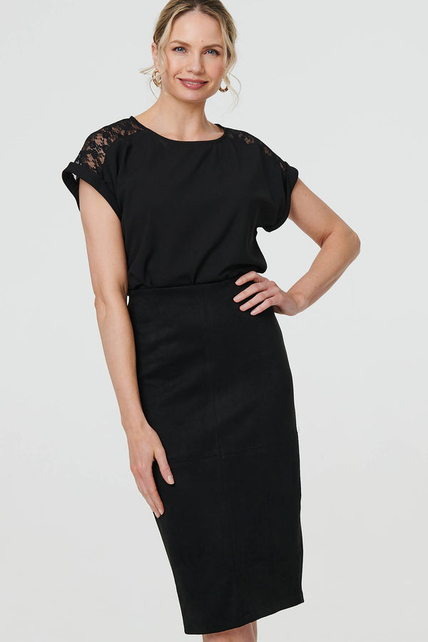 Black | Faux Suede Knee Length Pencil Skirt