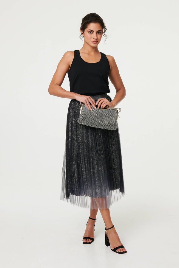Black | Sparkly Semi Sheer High Waist Midi Skirt