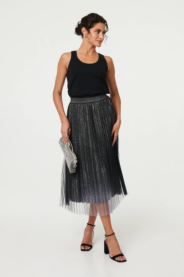 Black | Sparkly Semi Sheer High Waist Midi Skirt
