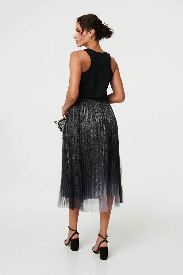 Black | Sparkly Semi Sheer High Waist Midi Skirt