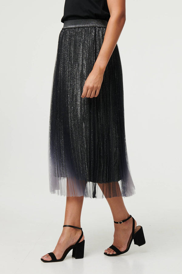 Black | Sparkly Semi Sheer High Waist Midi Skirt