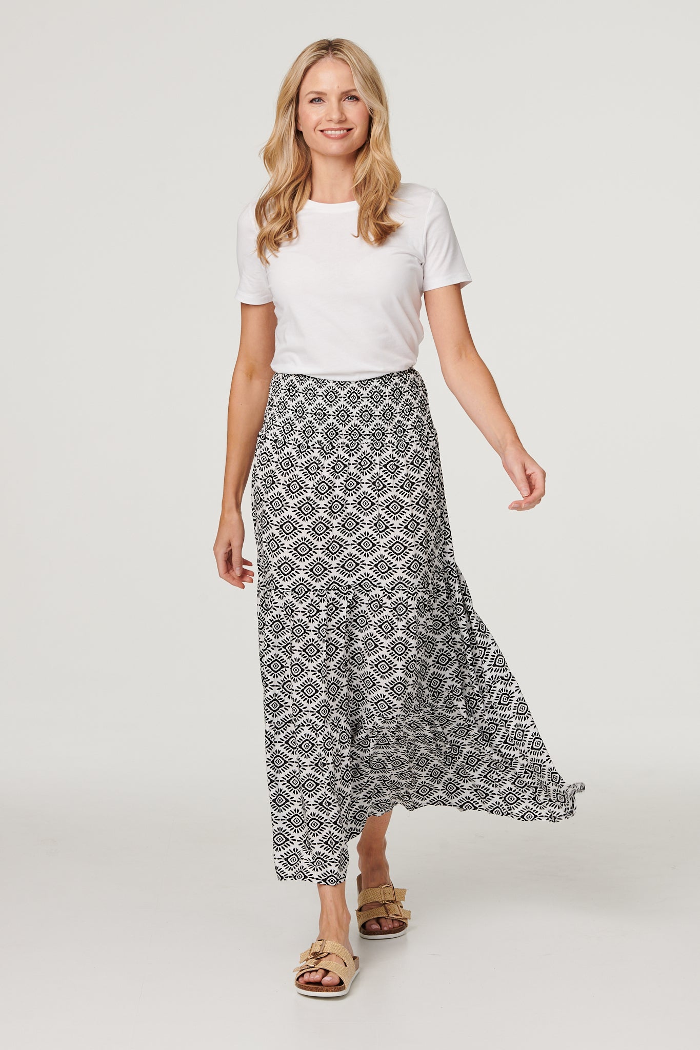 White | Geo Print High Waist Maxi Skirt