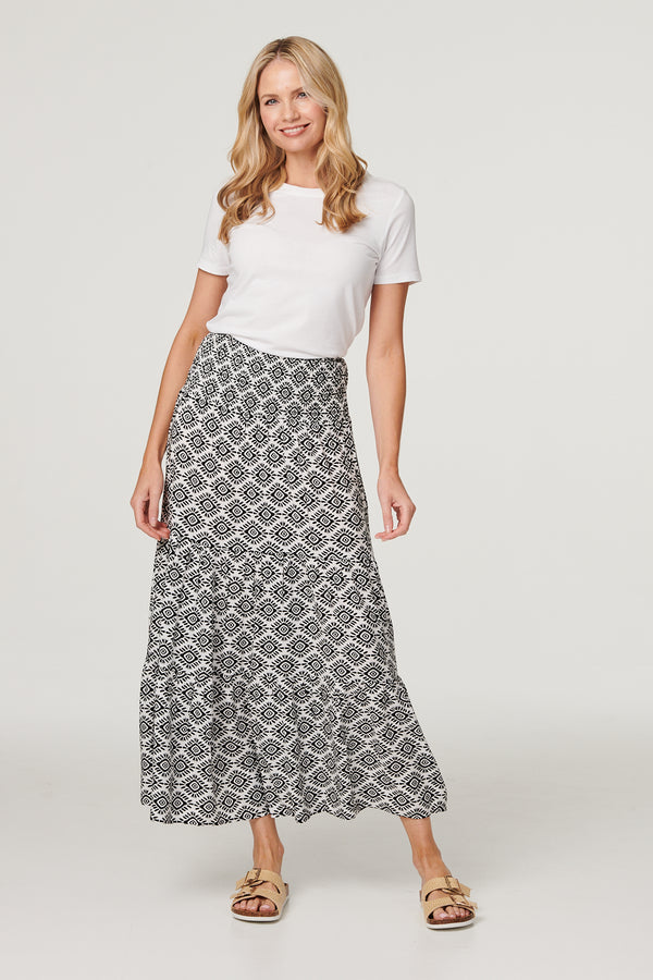 White | Geo Print High Waist Maxi Skirt