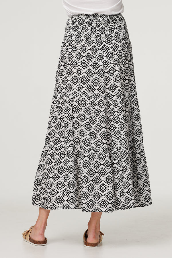 White | Geo Print High Waist Maxi Skirt