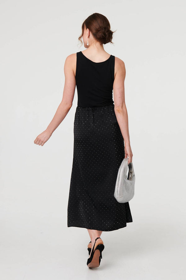 Black | Diamante Detail High Waist Midi Skirt