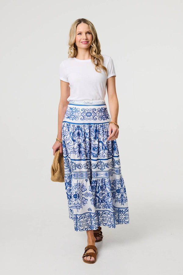 Blue | Mosaic Print High Waist Tiered Maxi Skirt