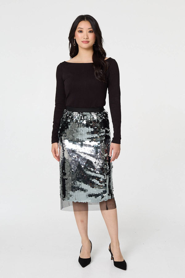 Green | Sequin Embellished Mesh Layer Midi Skirt