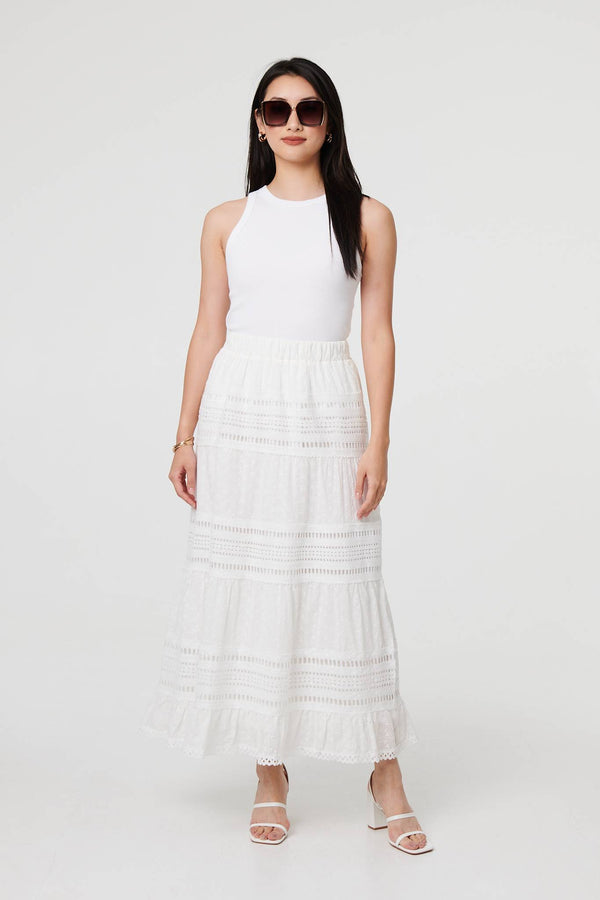 White | High Waist Lace Trim Tiered Maxi Skirt