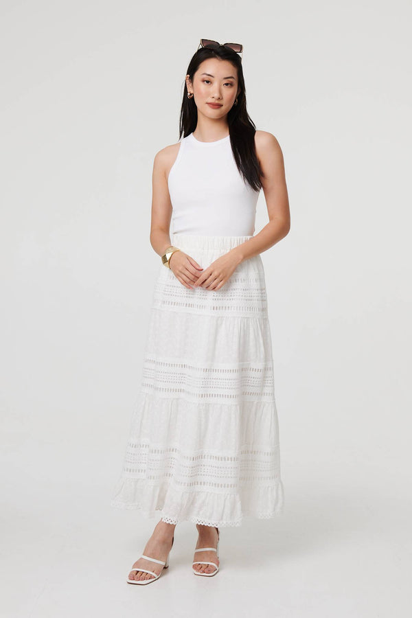 White | High Waist Lace Trim Tiered Maxi Skirt