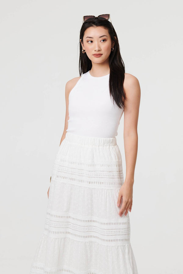 White | High Waist Lace Trim Tiered Maxi Skirt