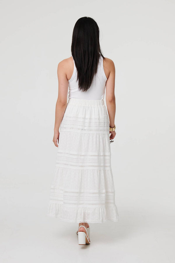 White | High Waist Lace Trim Tiered Maxi Skirt