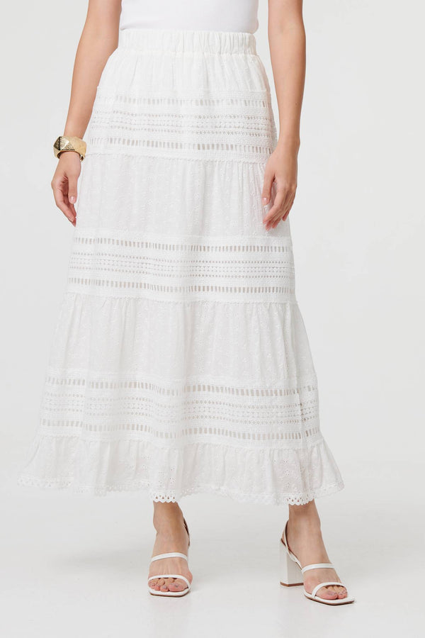 White | High Waist Lace Trim Tiered Maxi Skirt