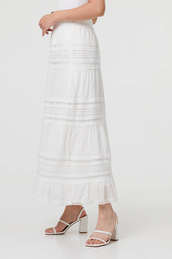 White | High Waist Lace Trim Tiered Maxi Skirt
