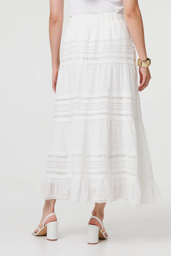White | High Waist Lace Trim Tiered Maxi Skirt