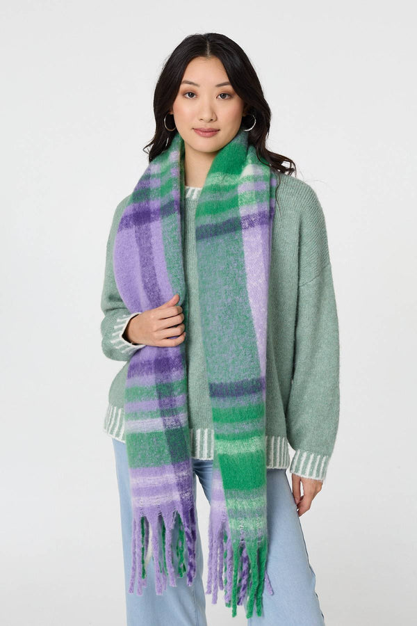 Purple | Checked Print Oversized Fringed Scarf