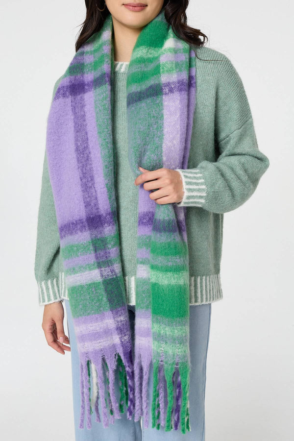 Purple | Checked Print Oversized Fringed Scarf