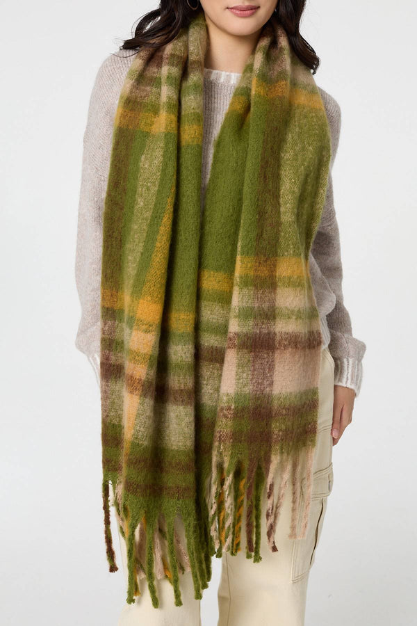 Green | Checked Print Fringed Oversized Scarf