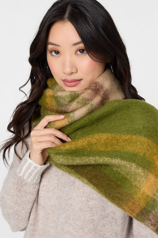 Green | Checked Print Fringed Oversized Scarf