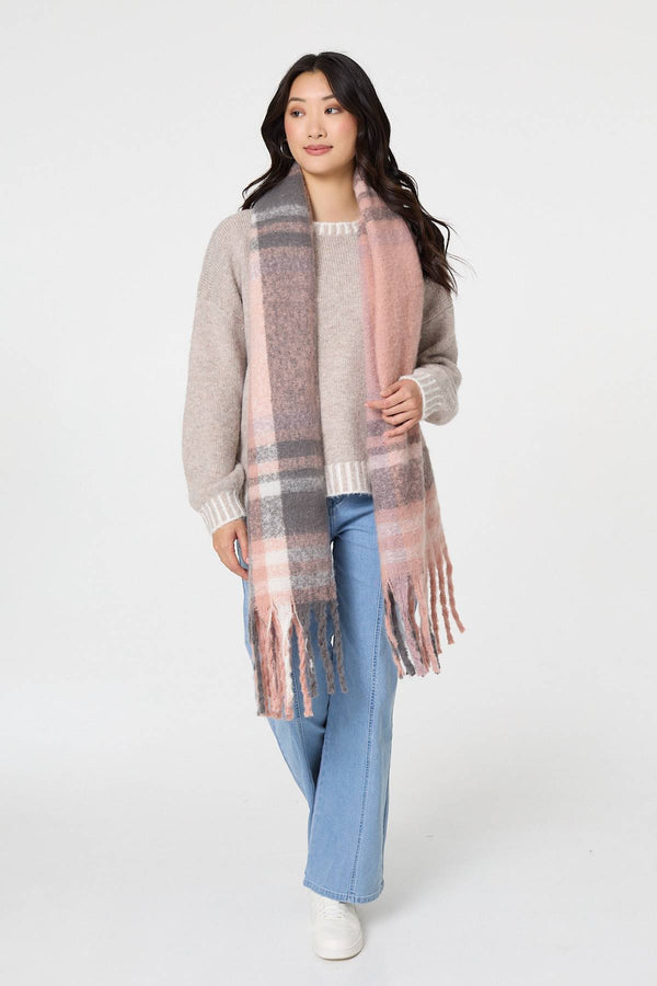 Pink | Checked Print Fringed Oversize Scarf
