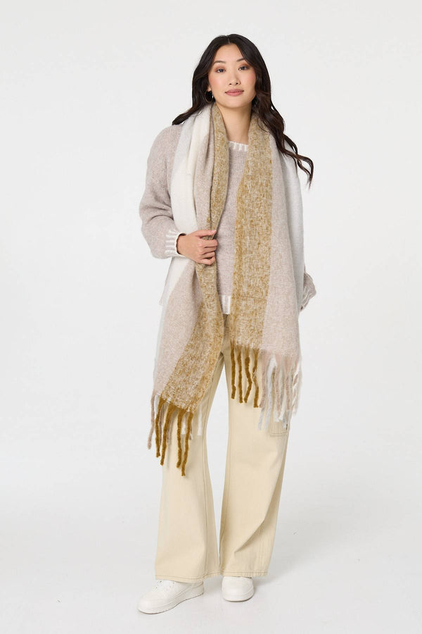 Beige | Striped Print Fringed Oversized Scarf