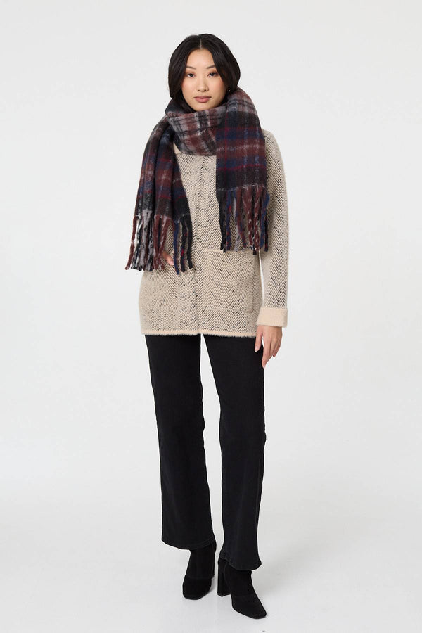 Grey | Tartan Print Oversized Fringed Scarf
