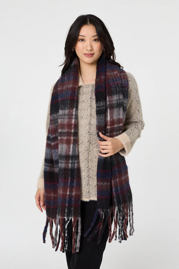 Grey | Tartan Print Oversized Fringed Scarf